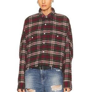 R13 Convertible Cropped Work Shirt In Red & Green Plaid Size L